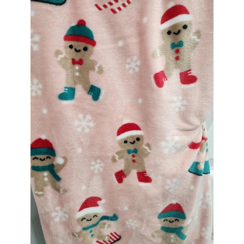 Holiday Pink Gingerbread Man Skiing Throw Blanket Plush Pastel Candy Land